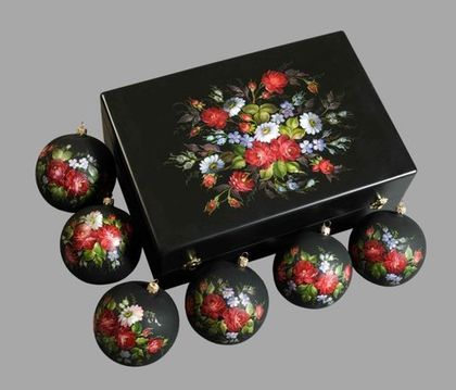 Zhostovo Christmas balls in wooden box - set of 6 balls SET04D-667785790