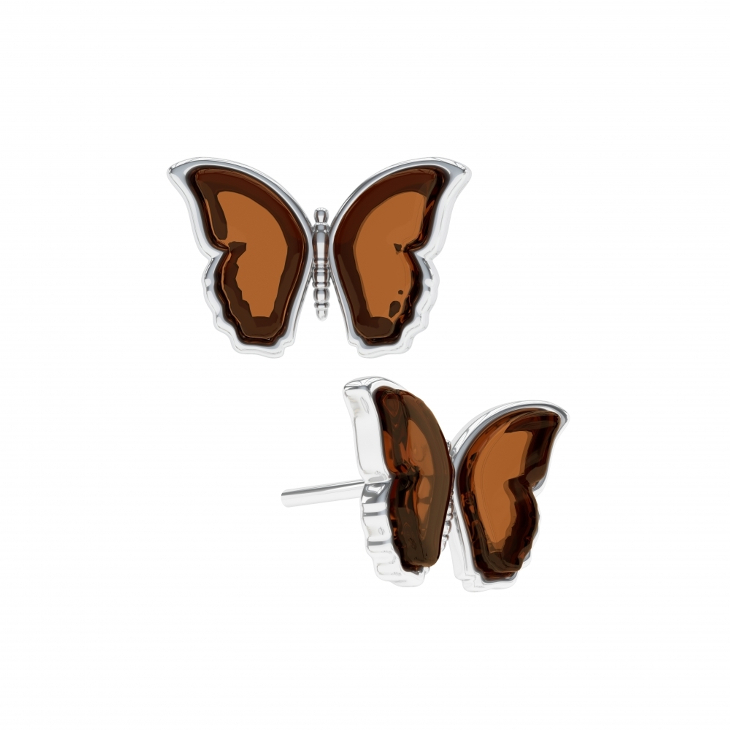 Серьги-пусеты мини бабочки с вишневым янтарем