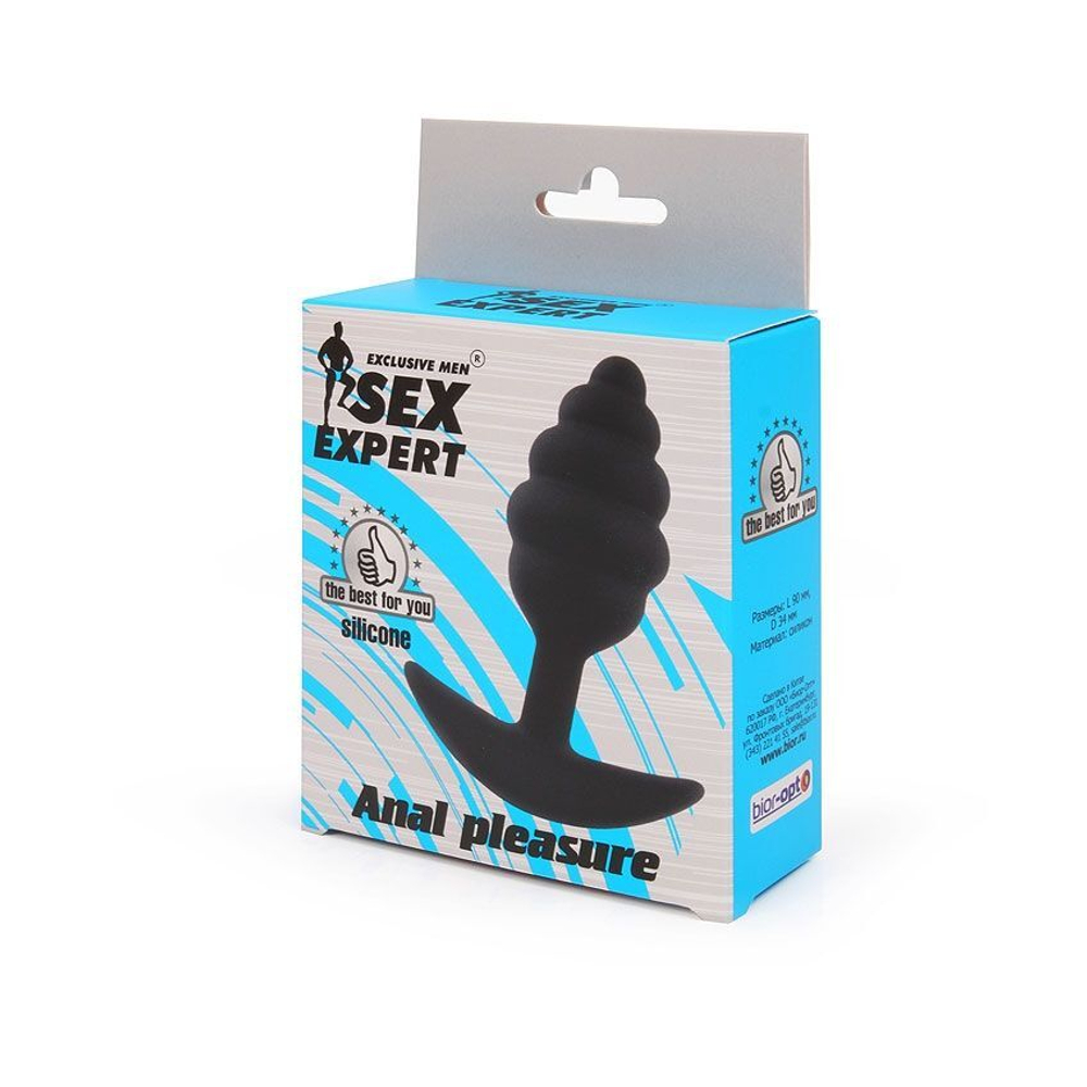 Черная ребристая анальная втулка с ограничителем - 9 см. (Цвет: черный)