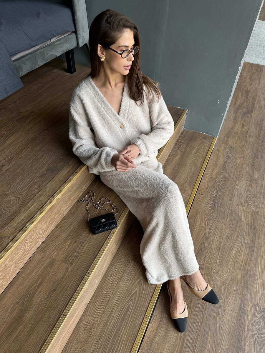 Кардиган из трикотажа с ворсом удлиненный кремовый