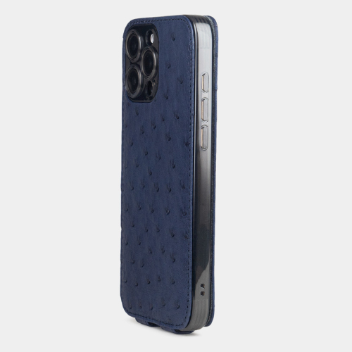 Кожаный чехол для iPhone 16 Pro Max, страус синего цвета