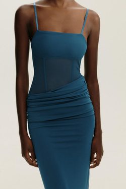 ZARA ДЛИННОЕ КОМБИНИРОВАННОЕ ПЛАТЬЕ, СИНИЙ