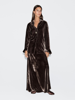 Massimo Dutti Длинная расклешенная юбка из бархата, коричневый
