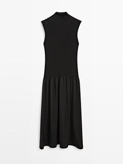 Massimo Dutti Трикотажное платье миди с контрастной деталью, черный