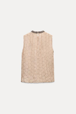 ZARA ТОП С ЦВЕТОЧНОЙ ВЫШИВКОЙ — ZW COLLECTION, БЕЖЕВЫЙ