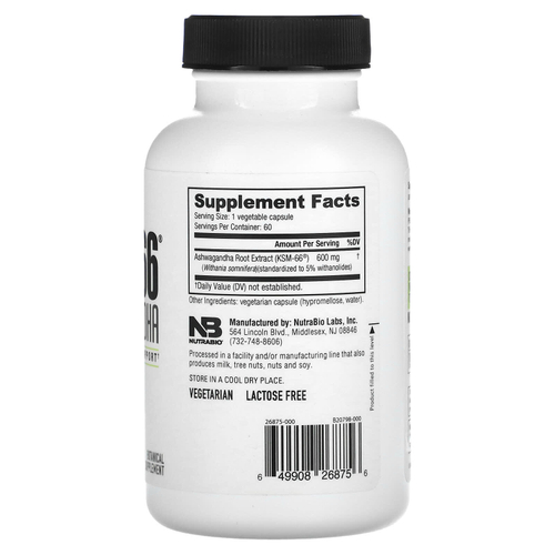 NutraBio, KSM-66®, ашваганда, 60 капсул (600 мг в 1 капсуле)
