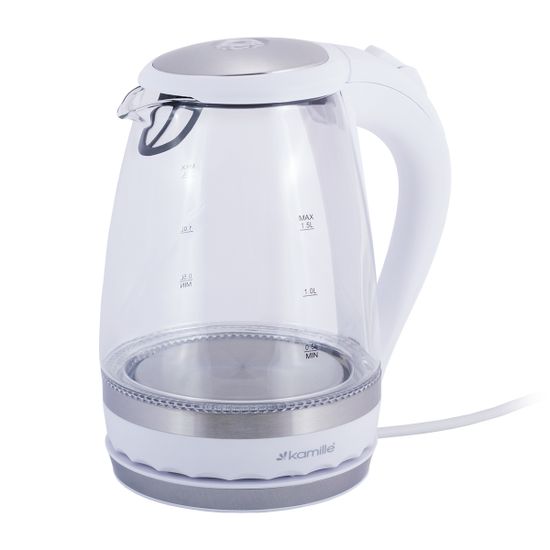 Чайник электрический 1,5 л. стеклянный Kamille KM-1701A (белый) с синей LED подсветкой