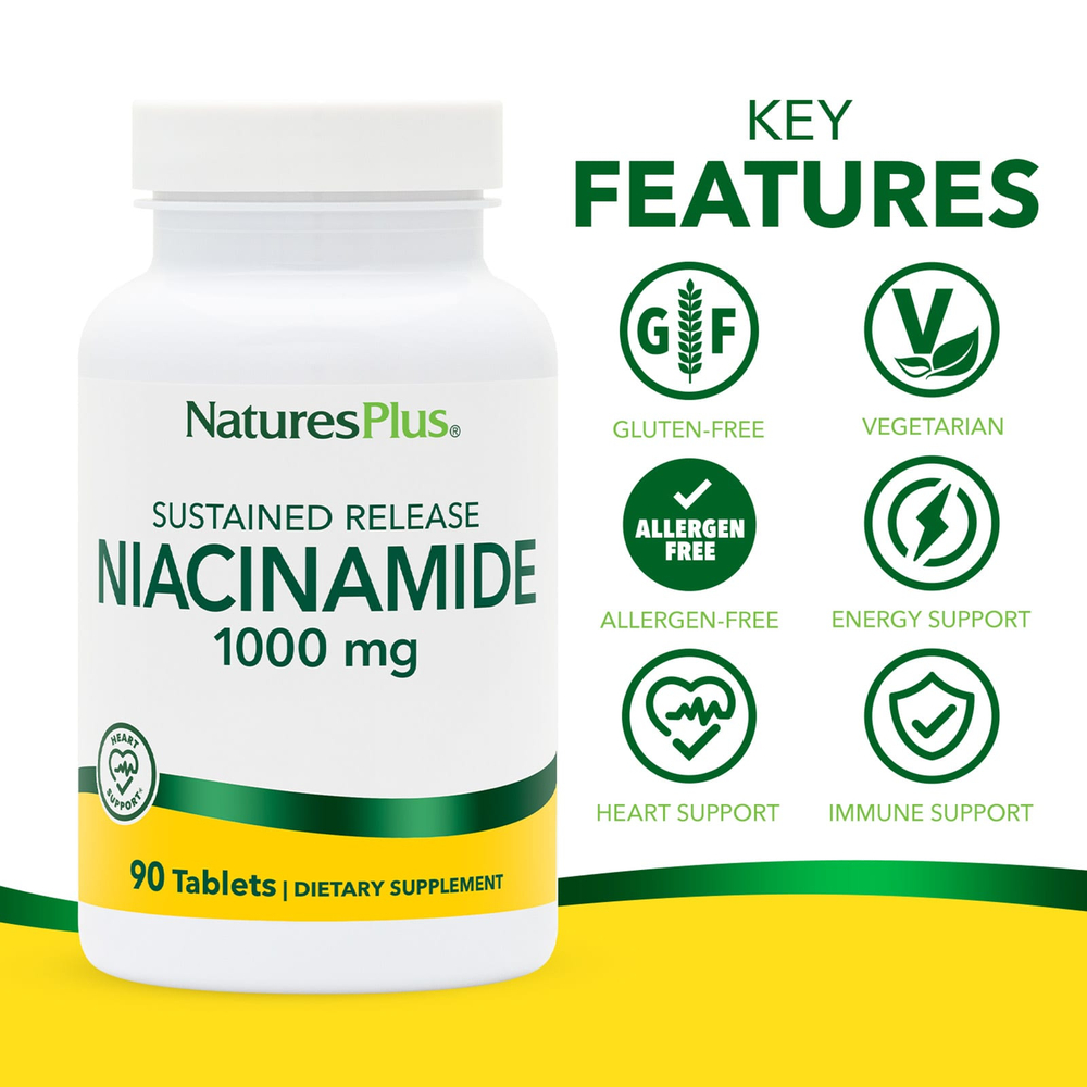 NaturesPlus, никотинамид, длительное высвобождение, 1000 мг, 90 таблеток
