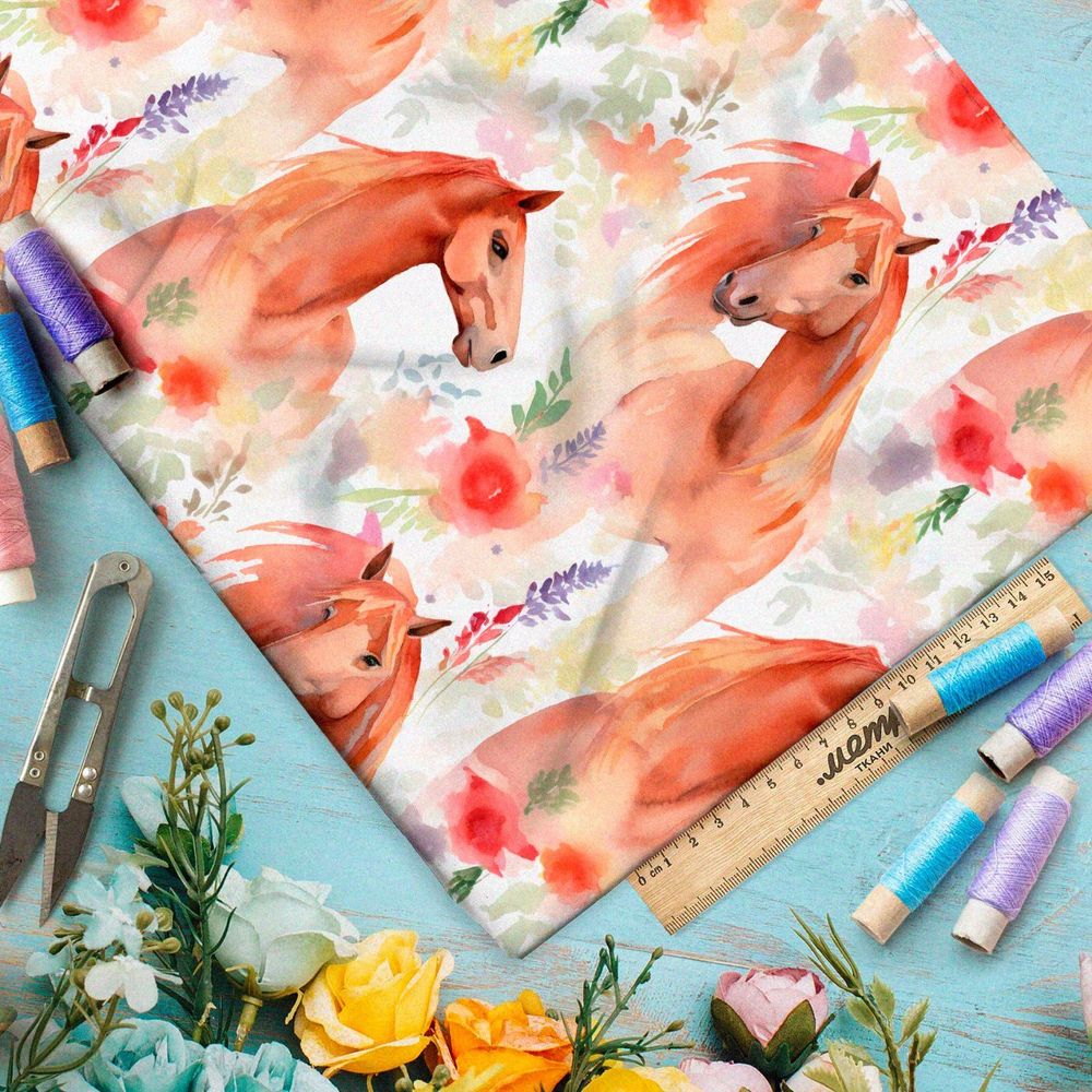 Ткань премиум шелк искусственный Армани акварельные кони