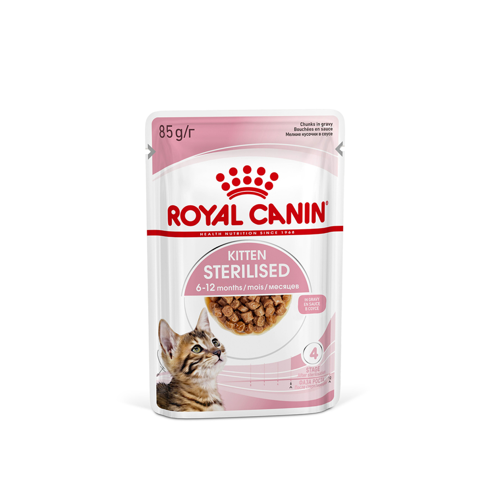 Корм консервированный ROYAL CANIN полнорационный для кастрированных и стерилизованных котят KITTEN STERILISED (КИТТЕН СТЕРИЛАЙЗД), мелкие кусочки в соусе - 85 гр