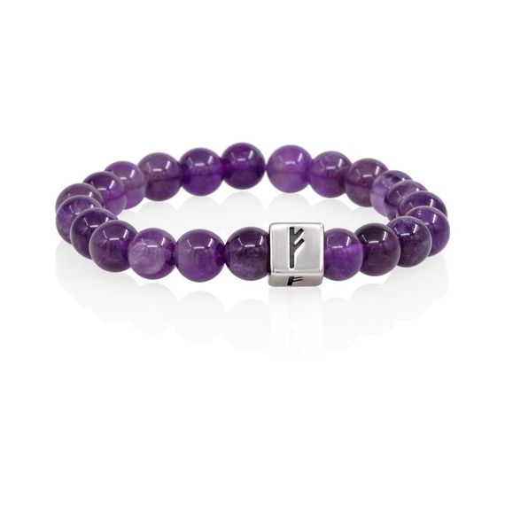 Браслет Достаток и сила из натурального аметиста с руной Феху в форме куба из серебра 925, вид 1