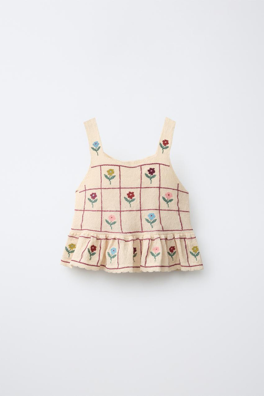 ZARA ТРИКОТАЖНЫЙ ТОП С ЦВЕТОЧНЫМ ПРИНТОМ, ЦВЕТ СЛОНОВОЙ КОСТИ