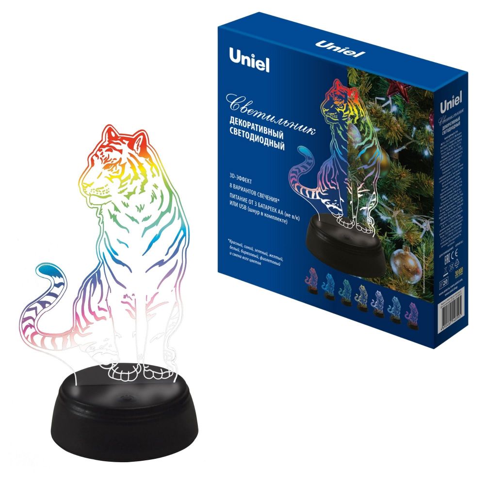 ULI-M507 RGB-3AA TIGER-BLACK Светильник декоративный с эффектом 3D Тигр. на батарейках 3AA не в-к. 1 светодиод. RGB свет. TM Uniel