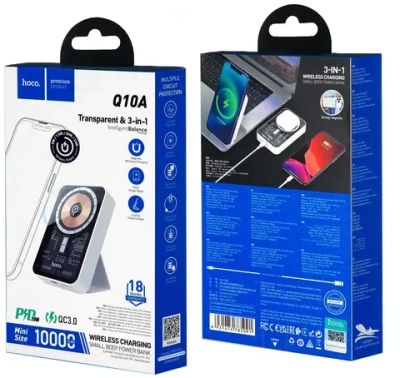 Внешний аккумулятор Hoco Q10A Transparent Mini Size MagSafe 3в1 10000mAh USB Type-C (белый)