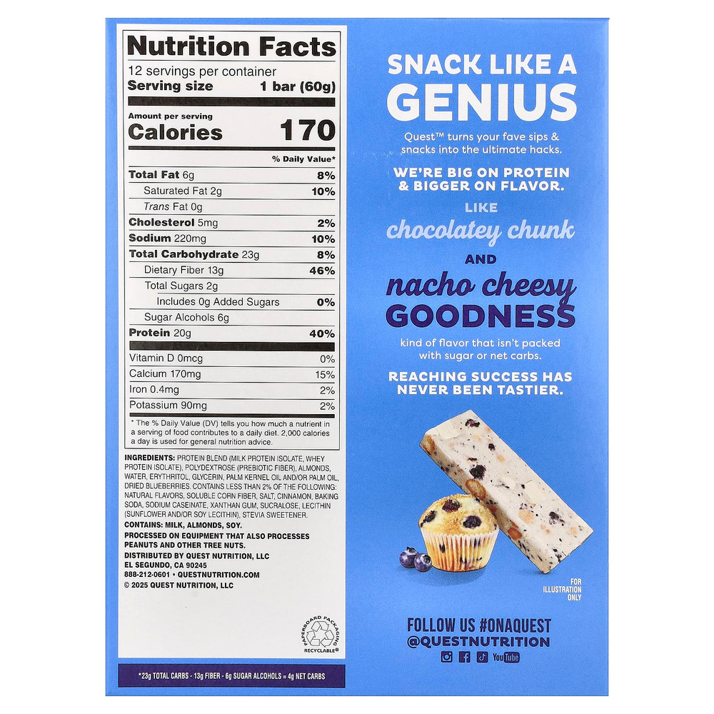 Quest Nutrition, протеиновый батончик, вкус кекса с голубикой, 12 батончиков по 60 г (2,12 унции)