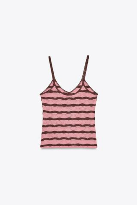 ZARA УКОРОЧЕННЫЙ ПОЛОСАТЫЙ ТОП НА БРЕТЕЛЯХ, РОЗОВАТЫЙ