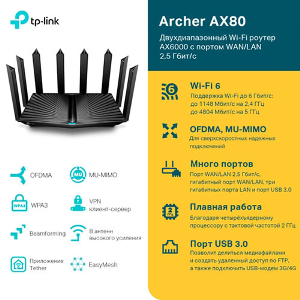 TP-Link Archer AX80 Двухдиапазонный роутер Wi-Fi AX6000