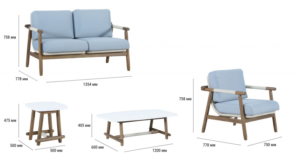 Комплект плетеной лаунж-мебели на 4 персоны Tagliamento Apoyo, грецкий орех, голубой, белый