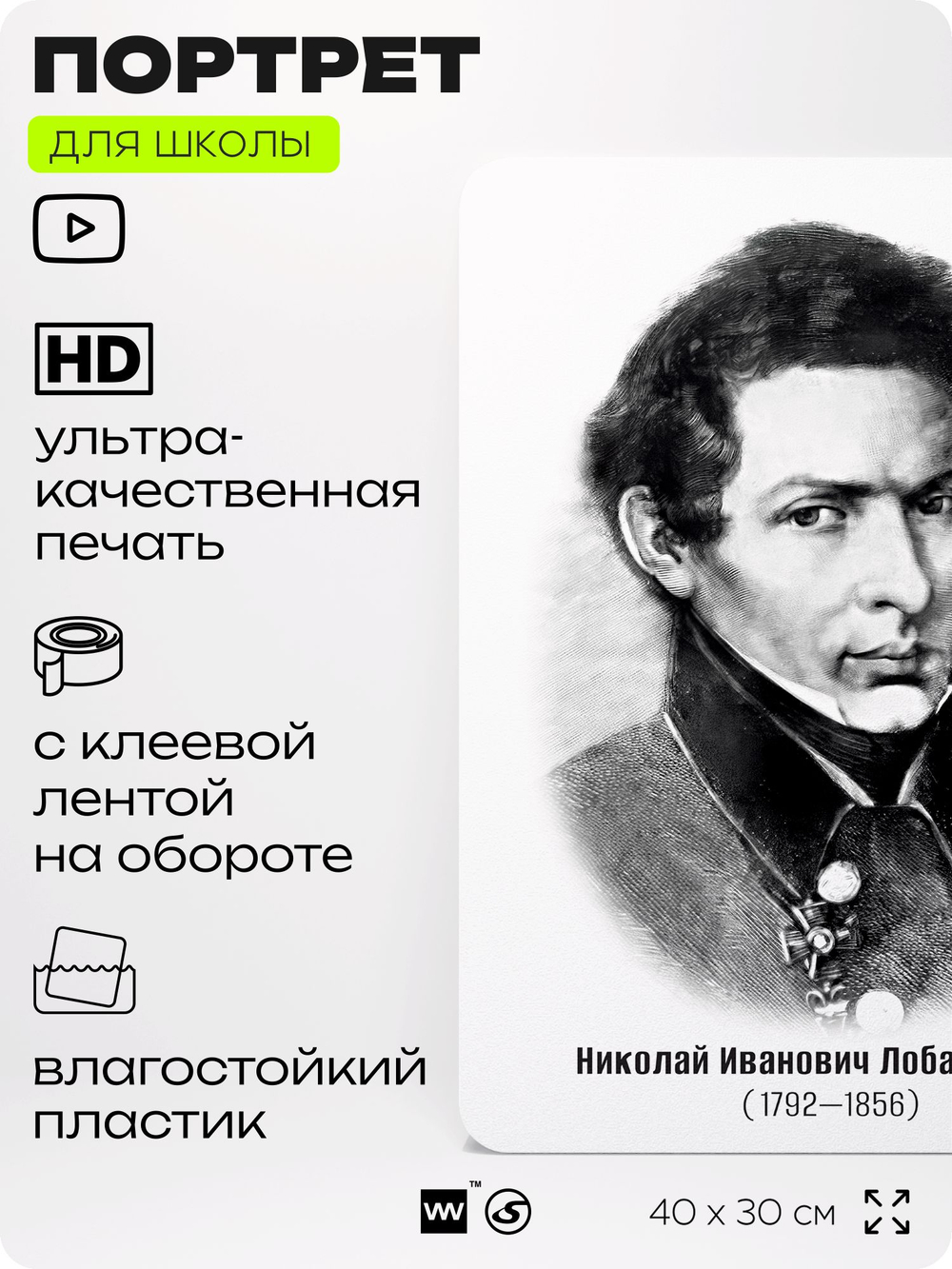 Портрет для школы в кабинет математики "Николай Иванович Лобачевский", стенд школьный для класса, деятели науки для оформления классного уголка, 40х30 см, Silver Plane x Айдентика Технолоджи