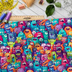 Ткань премиум габардин разноцветные монстры