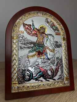 Георгий Победоносец, икона арочная, красное дерево, эмаль 150х200