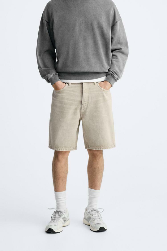 ZARA ШОРТЫ STRAIGHT FIT DENIM, ПЕСОЧНЫЙ