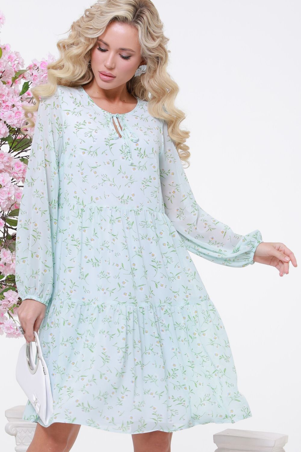 Платье шифоновое в цветочек с пышным рукавом DStrend (Акция)