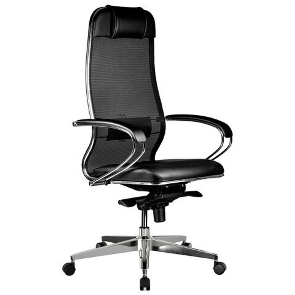 Кресло офисное МЕТТА "ErgoLife" Comfort, хром, сиденье мягкое, ткань-сетка/экокожа, черное