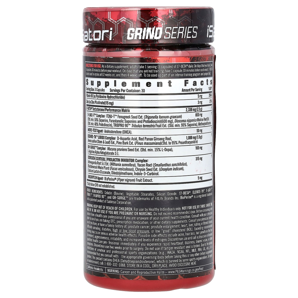Isatori, 17-Beta, Grind Series, усилитель анаболического действия тестостерона, 90 капсул