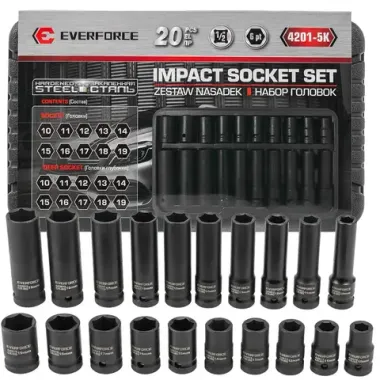 Набор головок 20пр., 1/2''(6гр.) (короткие 38мм/глубокие 78мм: 10-19мм) в пласт.кейсе EVERFORCE EF-4201-5K