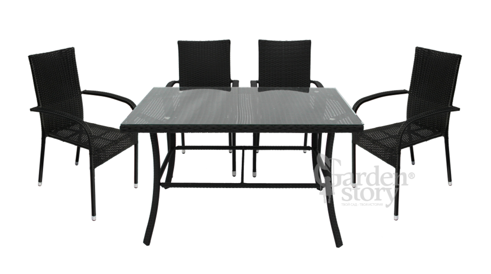 Набор мебели Garden Story Парис (4 Стул Garden Storyа Парис "без подушек"+стол 120см, каркас черн, ротанг черный)