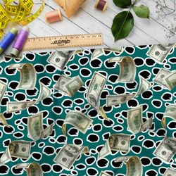 Ткань блэкаут реалистичные доллары на зелёном фоне в горошек