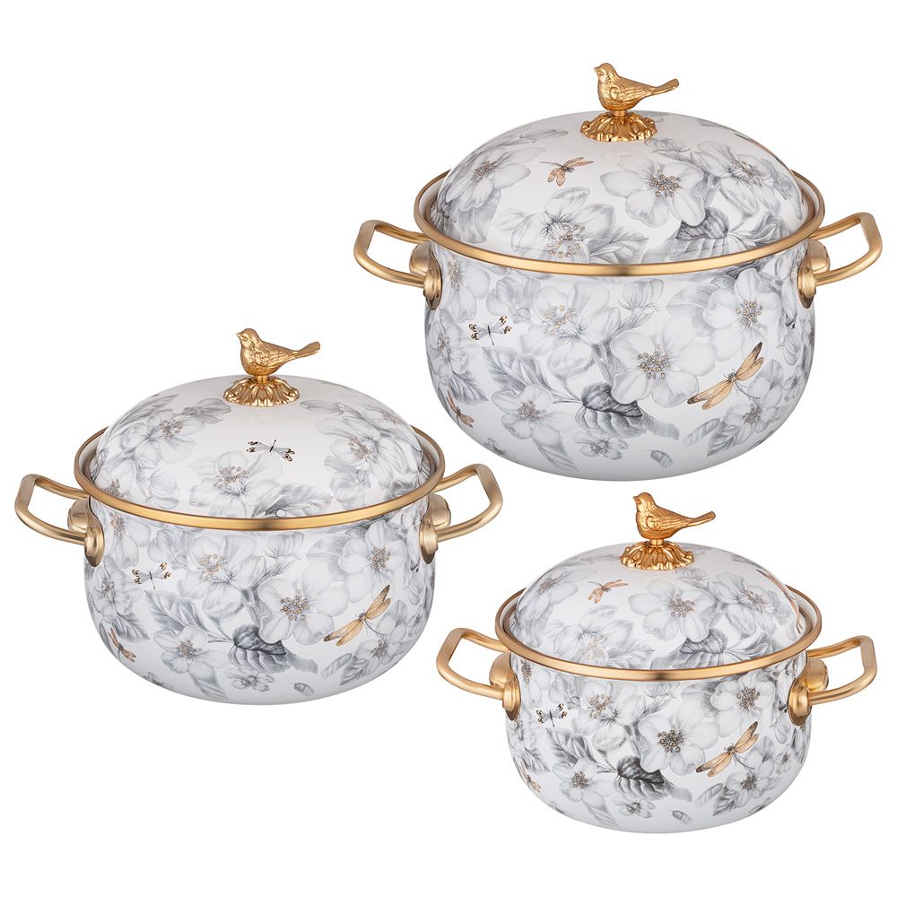 НАБОР КАСТРЮЛЬ LEFARD ЭМАЛИРОВАННЫХ СЕРИЯ ЯБЛОНЕВЫЙ САД, 6ПР. 2,1Л, 2,8Л И 3,8Л