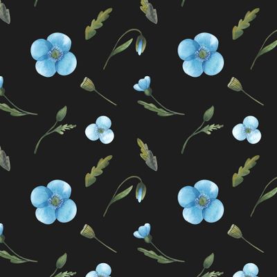 Голубые акварельные цветы на черном фоне