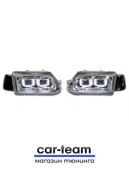 Фары ВАЗ 2113, 2114, 2115 передние с белыми галочками в стиле BMW ver 2.0 c Bi LED модулями, хром маска, тонированные поворотники