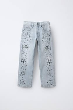 ZARA ДЖИНСЫ WIDE LEG С ЗАКЛЕПКАМИ, СИНИЙ