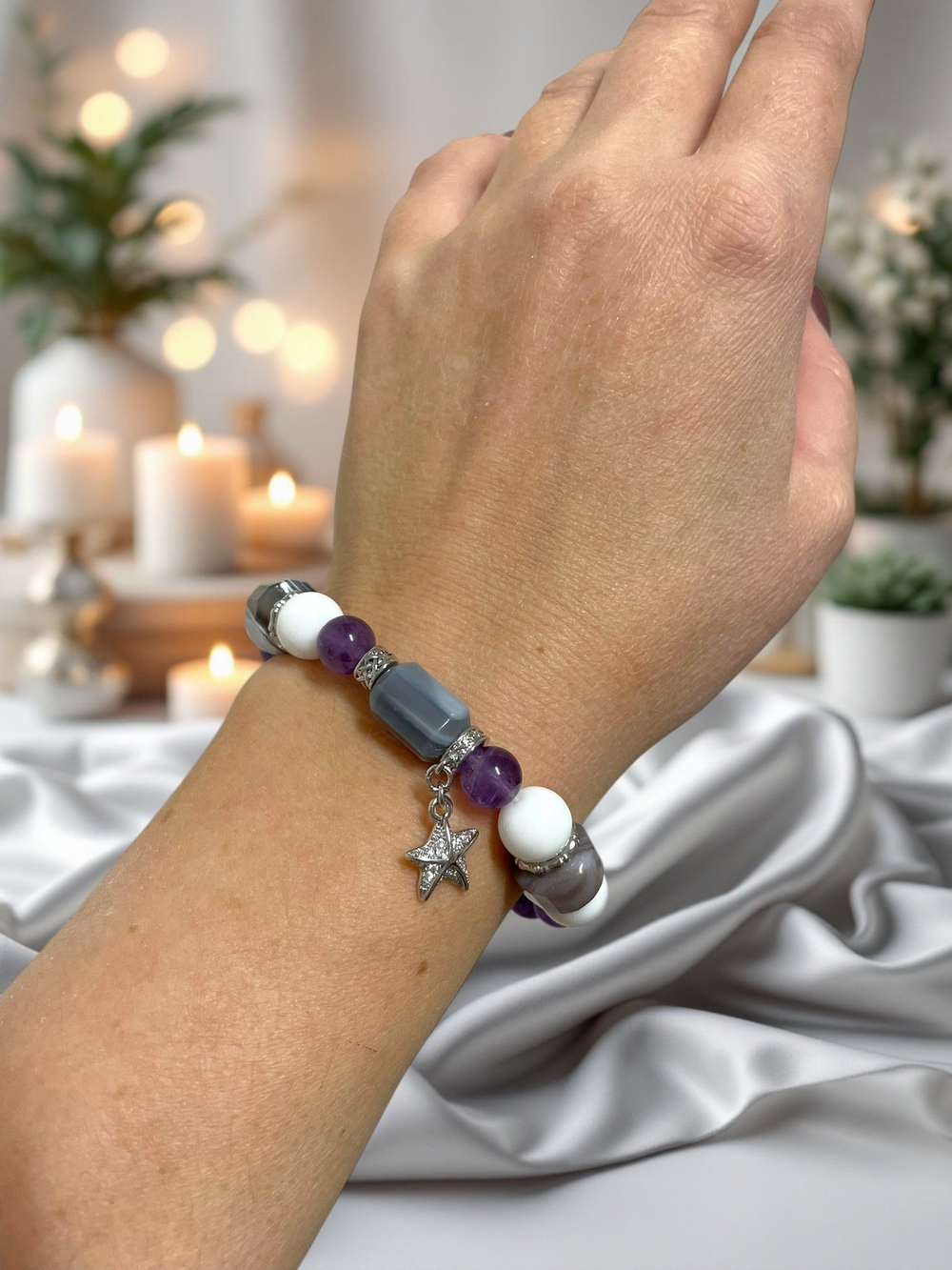 Браслет для Близнецов, агат и аметист