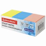 Блоки самоклеящиеся (стикеры) BRAUBERG 38х51 мм, 100 листов, НАБОР 12 штук, 3 неоновых цвета, 111345