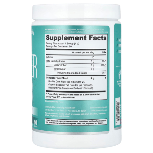 Vitauthority, Fiber Fix, добавка для поддержки кишечника из нескольких волокон, без добавок, 240 г (8,46 унции)