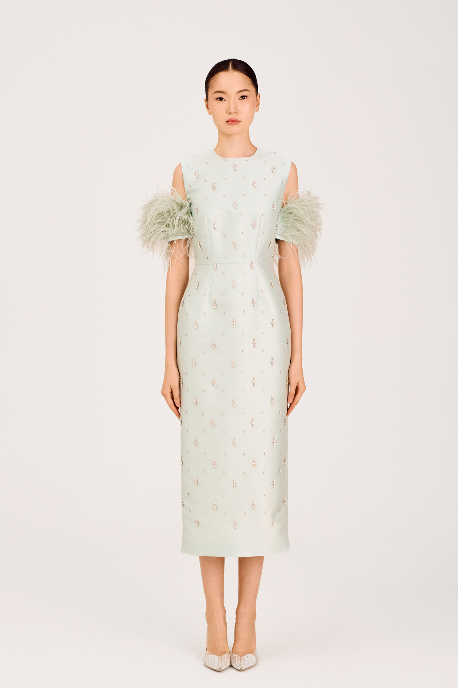 Платье Abcent (Абсент)  с перьями на рукавах, с выш., фисташковый