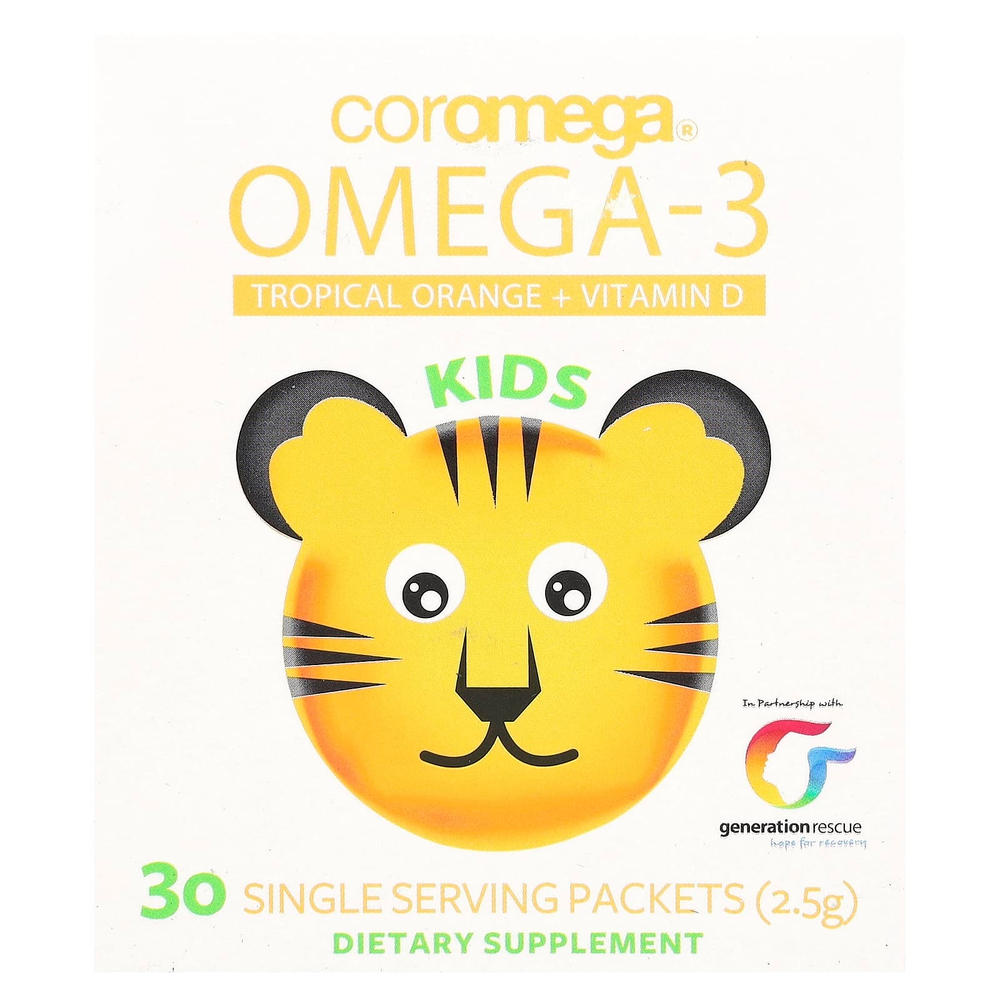 Coromega, Kids, омега-3, тропический апельсин + витамин D, 30 порционных пакетиков (по 2,5 г)