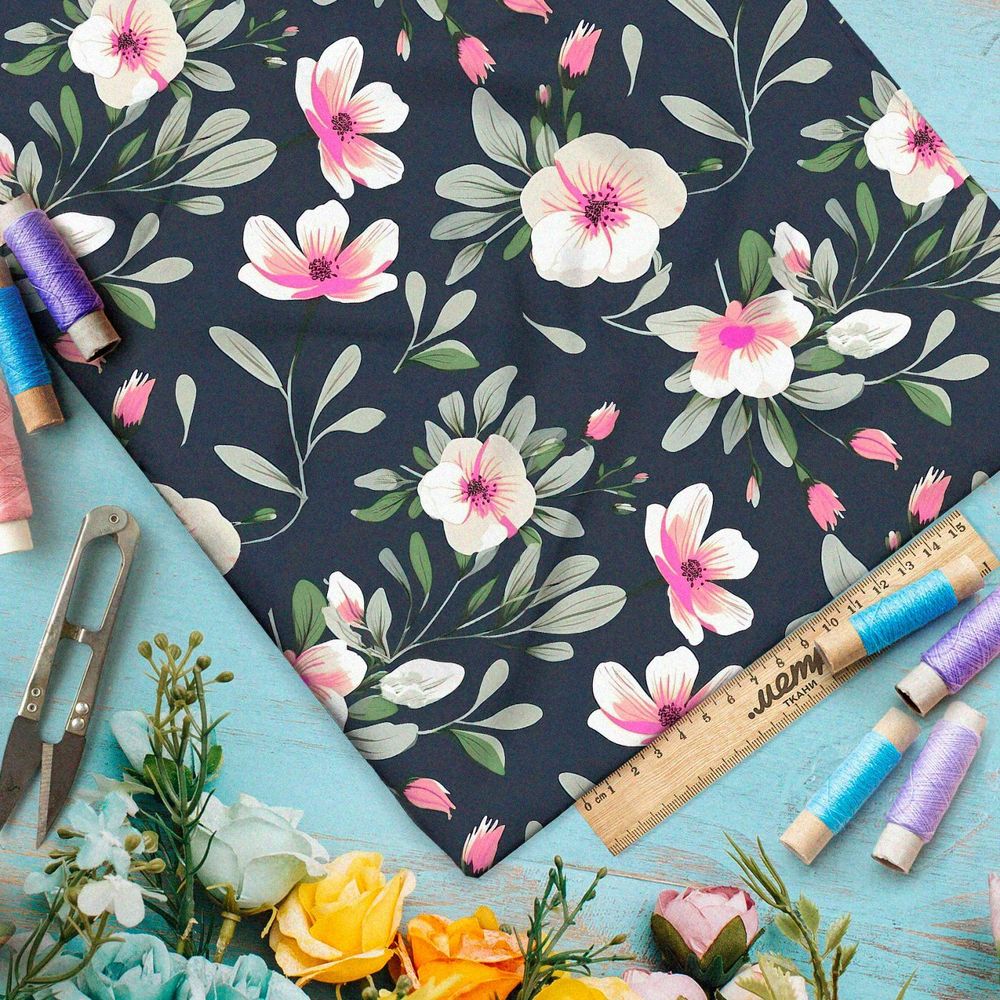 Ткань премиум атлас вечерняя цветочная фантазия