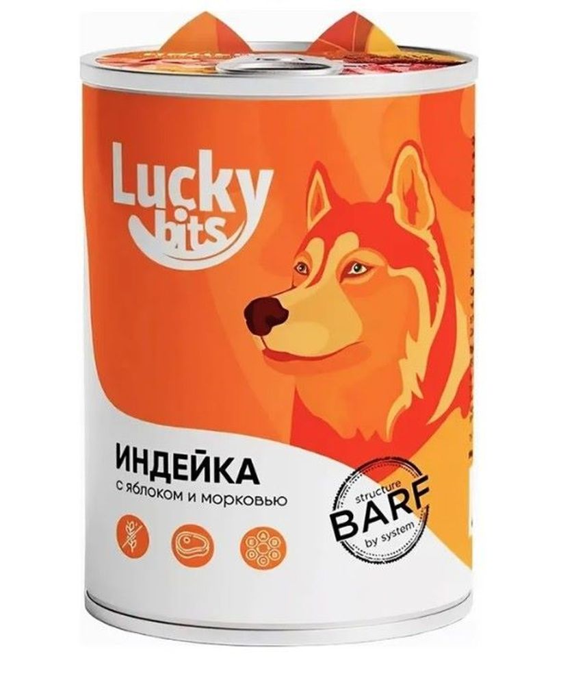 Влажный корм для собак Lucky bits индейка с яблоком и морковью, Банка 970 г Влажный корм для собак Lucky bits индейка с яблоком и морковью, Банка 970 г