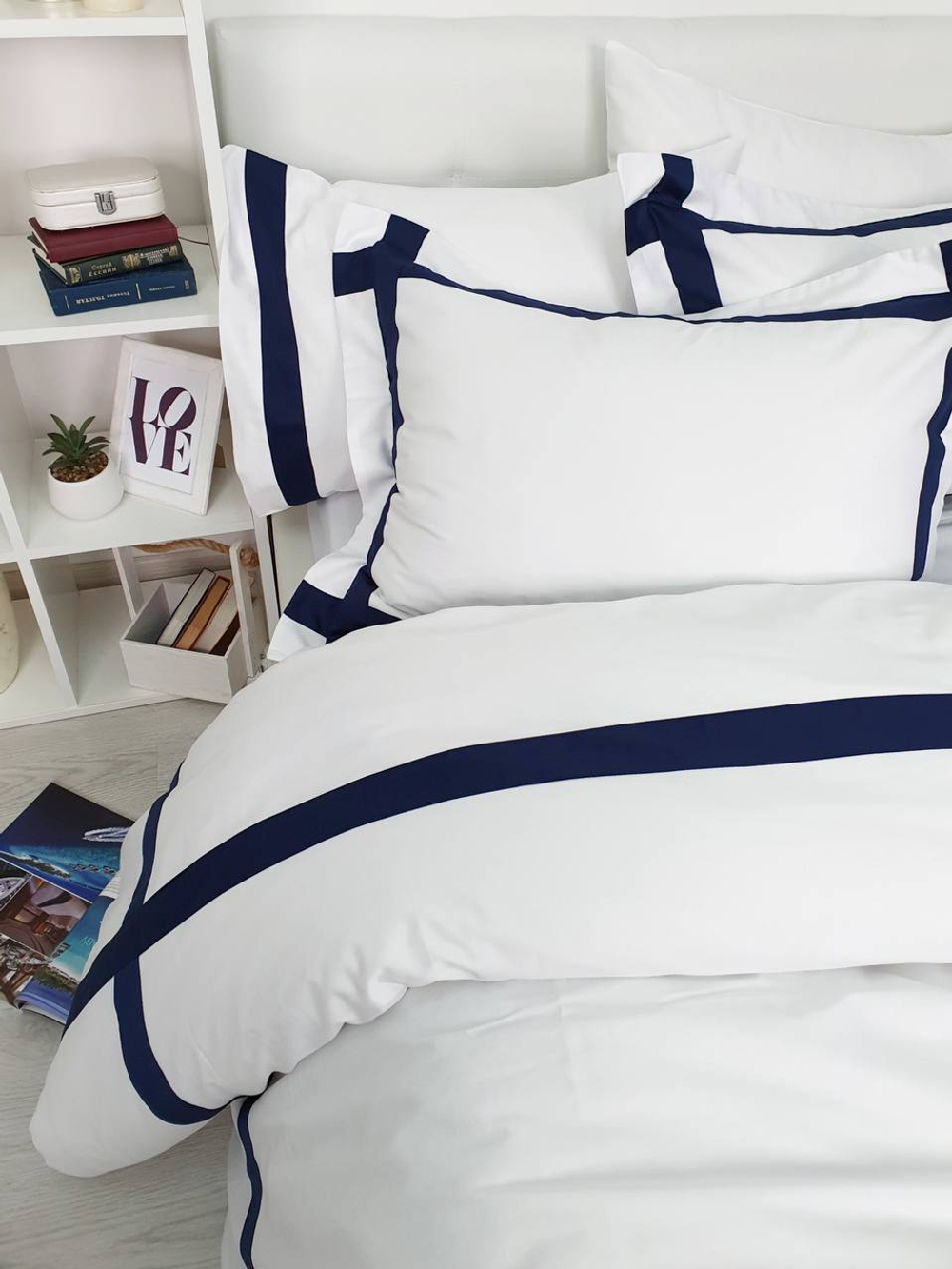 Постельное белье 1.5 спальное Tivolyo Home Banda белое/синее