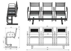Секция стульев перфорированная трехместная неразборная на круглой трубе с подлокотниками