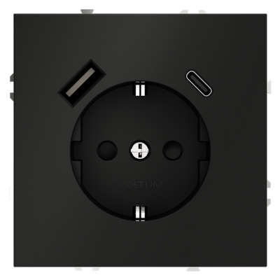 Розетка встраиваемая VOLTUM S70 с заземлением и защитными шторками, 16А, с USB, A+С, (черный матовый