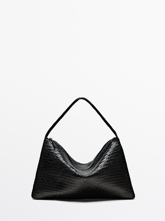 Massimo Dutti Большая плетеная сумка-саквояж из кожи наппа, черный