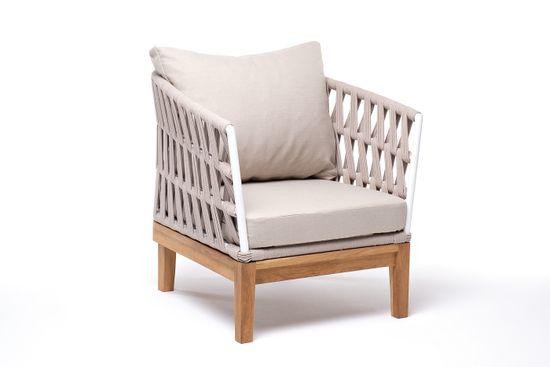 "Диего" кресло плетеное из роупа, основание дуб, каркас алюминий светло-серый (RAL7035) шагрень, роуп бежевый круглый, ткань бежевая 15052