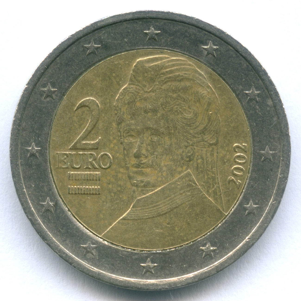 2 евро 2002 год. Австрия. Регулярный выпуск. Тип 1. Биметалл VF