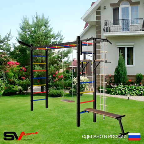 Уличная шведская стенка Sv Sport рукоход У5341 (Турник/Брусья/Скамья/Деревянные/Кронш бокс/Канат/кольца/лестница)